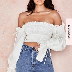 House of Cb White Rushed Off Shoulder Top